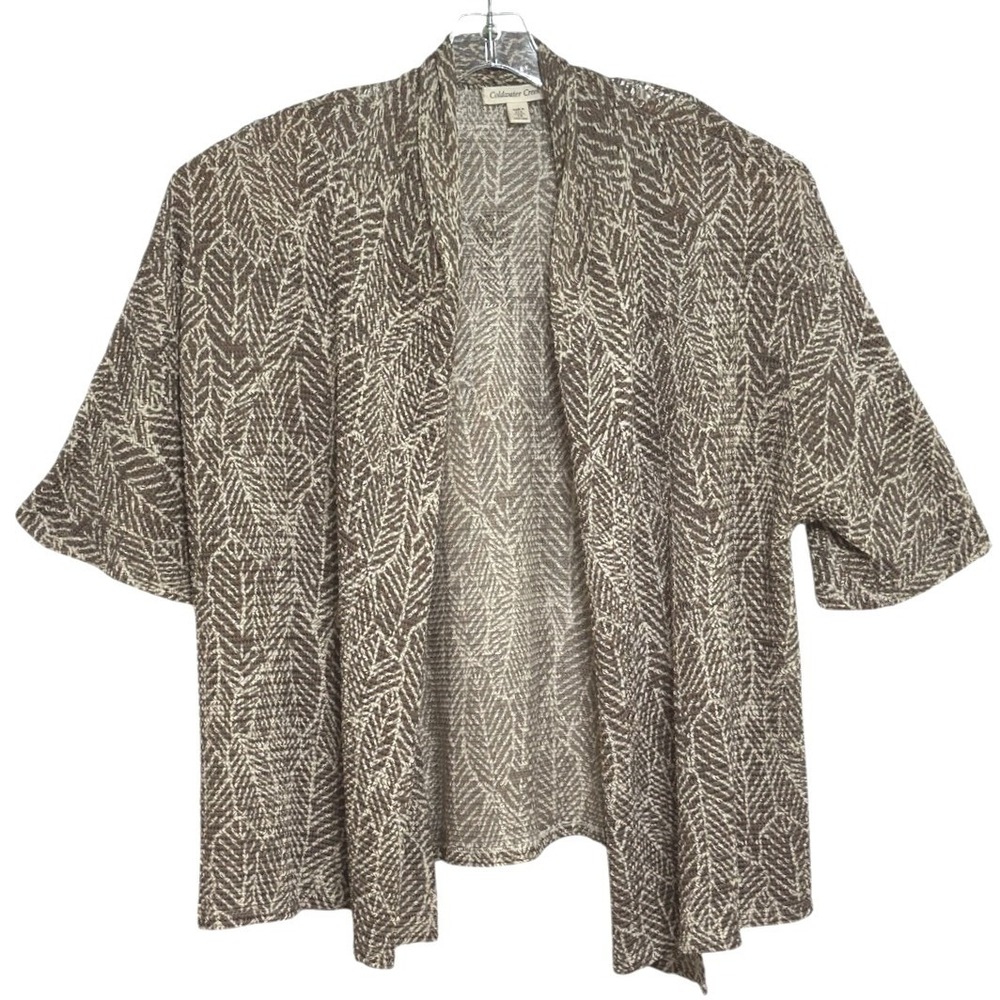 Coldwater Creek Cardigan Women Brown Leaf Open Front Short Sleeve Boho Coastal M